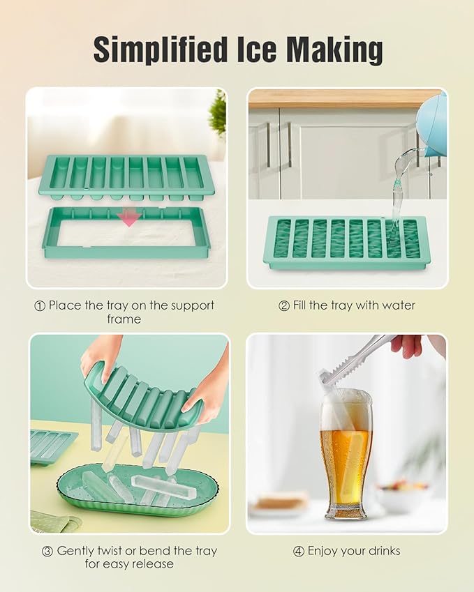 Water Bottle Ice Cube Trays for Freezer - Silicone Ice Stick Mold with Support Fame, Long Ice Cube Maker for Chilling Whiskey, Cocktails, Coffee - Reusable Easy-Release Narrow Ice Tray (Pack of 2)
