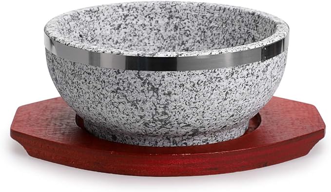 MDLUU Dolsot Bibimbap Bowl 32 Oz, Granite Stone Bowl with Wood Base, Dolsot Pot for Korean Soup, Rice and Stew