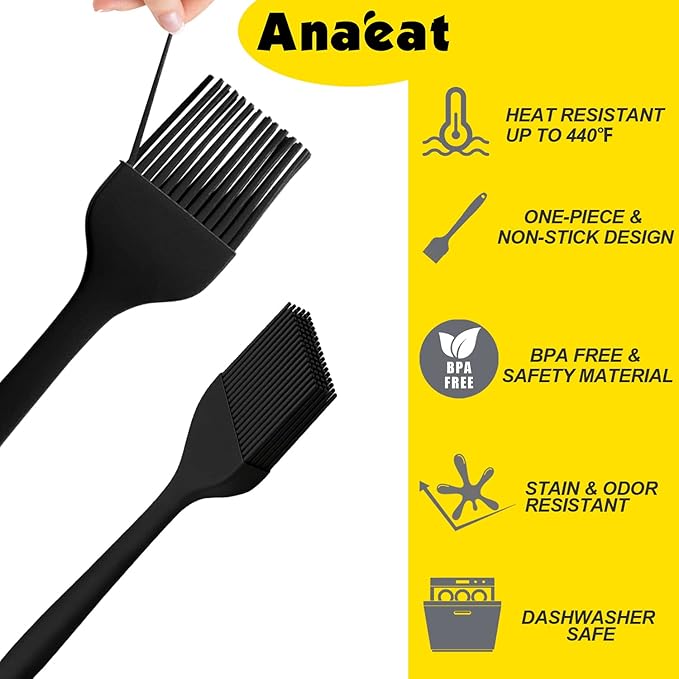 Anaeat High Heat Resistant Silicone Basting Pastry Brush Set of 3- Hygienic One-Pieces Design Spread Oil Butter for BBQ Grill Barbecue Baking Kitchen Cooking - BPA Free & Dishwasher Safe (10"+8.2")