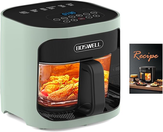 BOSWELL 6 in 1 Glass Air Fryer, 4.5QT Air Fryer with Transparent Glass Pot,Circulating Air Heating, Bake, Broil, Air Fry, Temperature Control, Dishwasher Safe (Green)