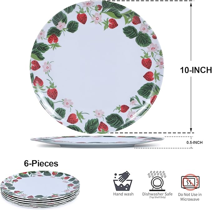 6-Pack Melamine Dinner Plates - 10 Inch Lightweight, Durable & Unbreakable Round Plates for Indoor/Outdoor Use - Strawberry