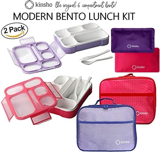 Bento Boxes with Bags and Ice Packs Set of 2. Lunch Box Snack Containers for Kids Boys Girls Adults. 6 Compartments, Leak-proof Portion Container Insulated Bag for School Lunches, Pink & Purple