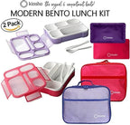 Bento Boxes with Bags and Ice Packs Set of 2. Lunch Box Snack Containers for Kids Boys Girls Adults. 6 Compartments, Leak-proof Portion Container Insulated Bag for School Lunches, Pink & Purple