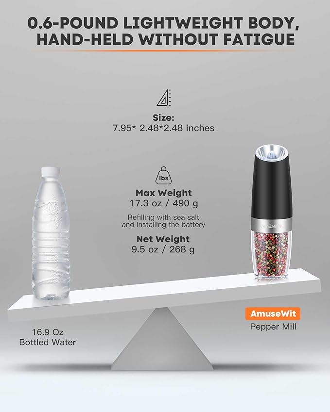 AmuseWit Gravity Electric Salt and Pepper Grinder Set of 2 [White Light] Battery Operated Automatic Pepper and Salt Mills with Light,Adjustable Coarseness,One Handed Operation,Black