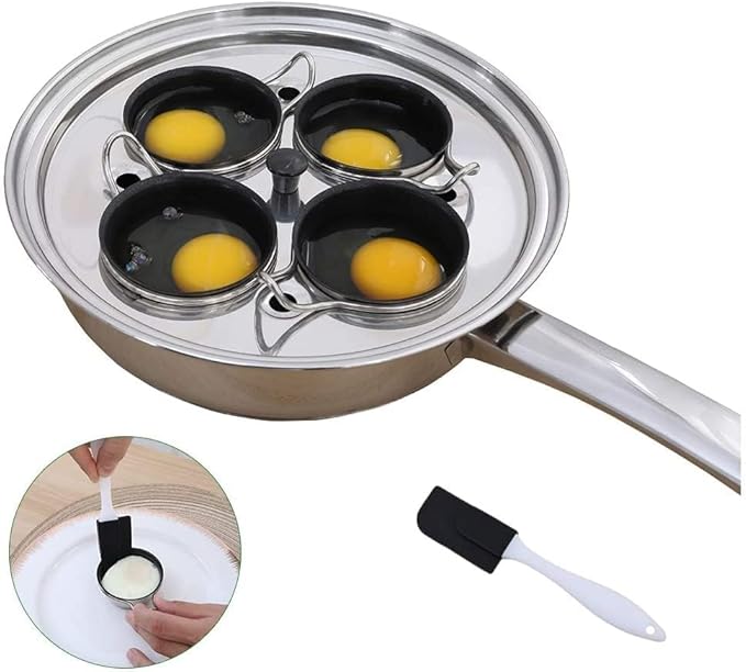 4 Cups Egg Poacher Pan - Stainless Steel Poached Egg Cooker – Induction Cooktop Egg Poachers Cookware Set with 4 Nonstick Large PFOA FREE Egg Poacher Cups and Silicone Spatula