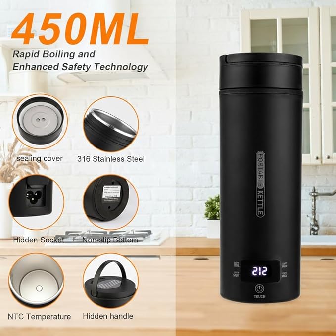 Portable Electric Kettle （110V）, Travel Tea Kettle, 316 Stainless Steel Premium Liner, 4-speed Temperature Adjustment with Auto Shut-off and Boil-Off Protection black