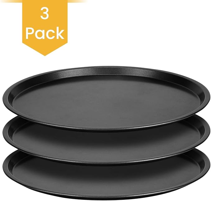 DecorRack 13 Inch Carbon Steel Pizza Pan, [Premium] Non-Stick Coating, Commercial Grade, Serving Tray, Heavy Duty Round Baking Tray for Oven Use (3 Pack)