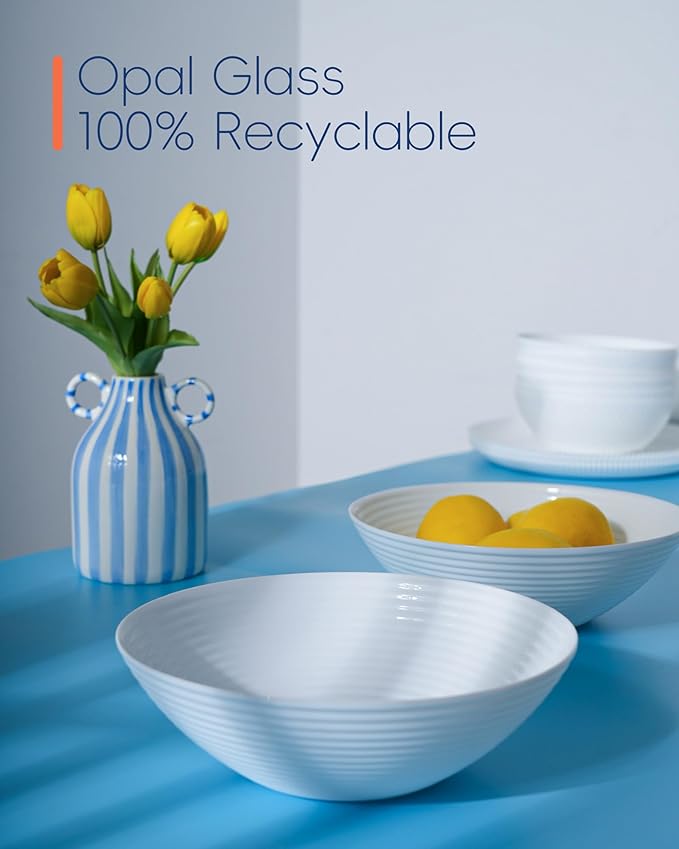 54 OZ Salad Bowl Set of 2, Opal Glass 9.5 inch Serving Dishes for Salad, Fruit, Kitchen Microwave & Dishwasher Safe, White