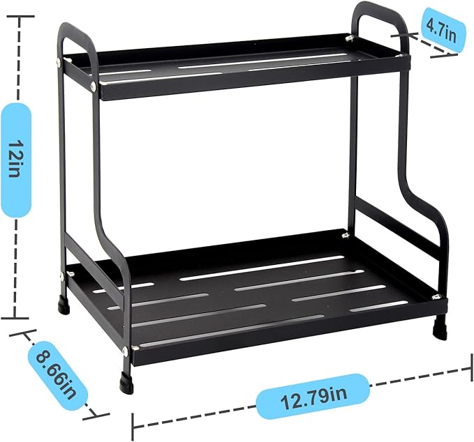 2-Tier Metal Organizer Shelf for Bathroom & Kitchen - Heavy Duty Countertop Storage, Under Sink Cosmetic & Spice Organizer with Non-Slip Base, Easy Assembly