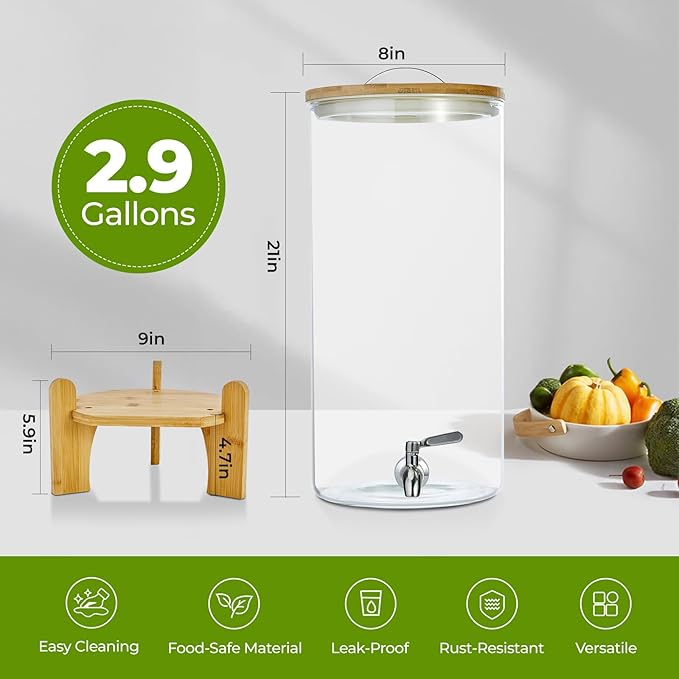 Beverage Dispenser 2.9 Gallon with Spigot Glass Water Dispenser for Parties, Bars, Restaurants (11L）with Wood Stand Drink Dispensers