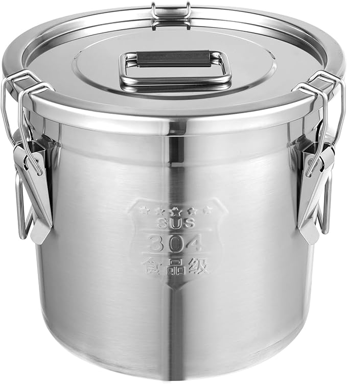 DYNAMI 304 Stainless Steel Airtight Canister for Kitchen, 3.2Gal/405oz Flour Container with Lid and Locking Clamp,10-21Lbs Metal Bucket Food Storage Container for Rice, Flour, Grain, Coffee Bean(12L)