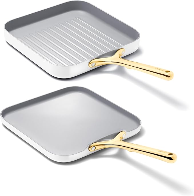 Caraway Griddle Pan & Grill Pan Duo - Non-Stick Ceramic Coated - Non Toxic, PTFE & PFOA Free - Oven Safe & Compatible with All Stovetops – White