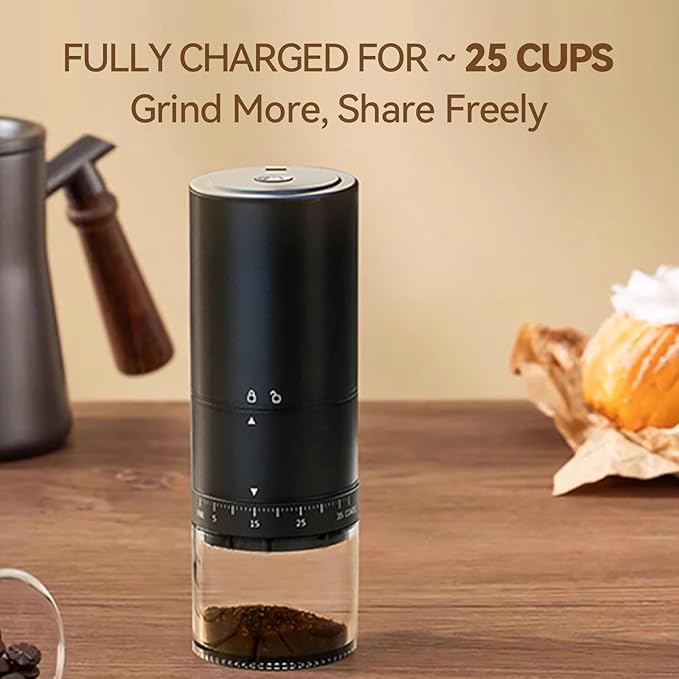 Portable Electric Coffee Grinder - 38 Grind Settings, Conical Burr & Black Stainless Steel Body, Rechargeable Mill for Espresso, Moka Pot, Turkish, Ideal for Camping and Travel