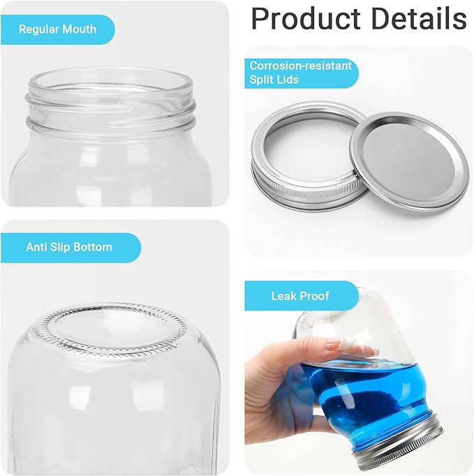 16 oz Glass Mason Jars, 15 Pack Regular Mouth Glass Canning Jars with Silver Aluminum Lids and Bands, Airtight Jam Jars for Food Storage, Pickling, Fermenting, Honey, Jelly, DIY Candles Decor