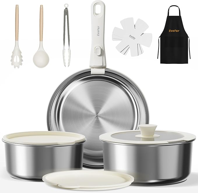 14 pcs Stainless Steel Cookware Set, Detachable Pots and Pans Set with Removable Handle, Non Toxic Space Saving RV Camping Cookware Set, Induction Cookware, Dishwasher & Oven Safe