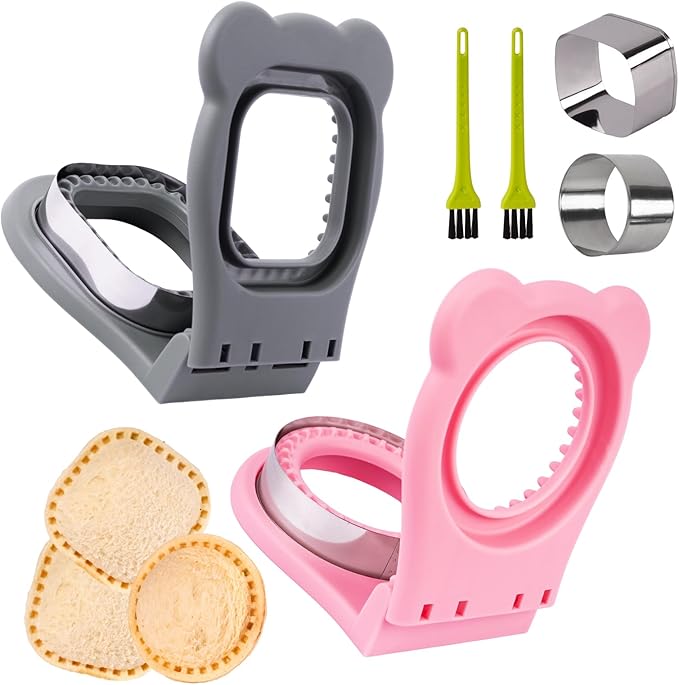 Uncrustables Sandwich Maker Sealer Cutter, Crustless Sandwich Cutter, PB&J Uncrustable Maker - Grey Square Shape + Pink Round Shape
