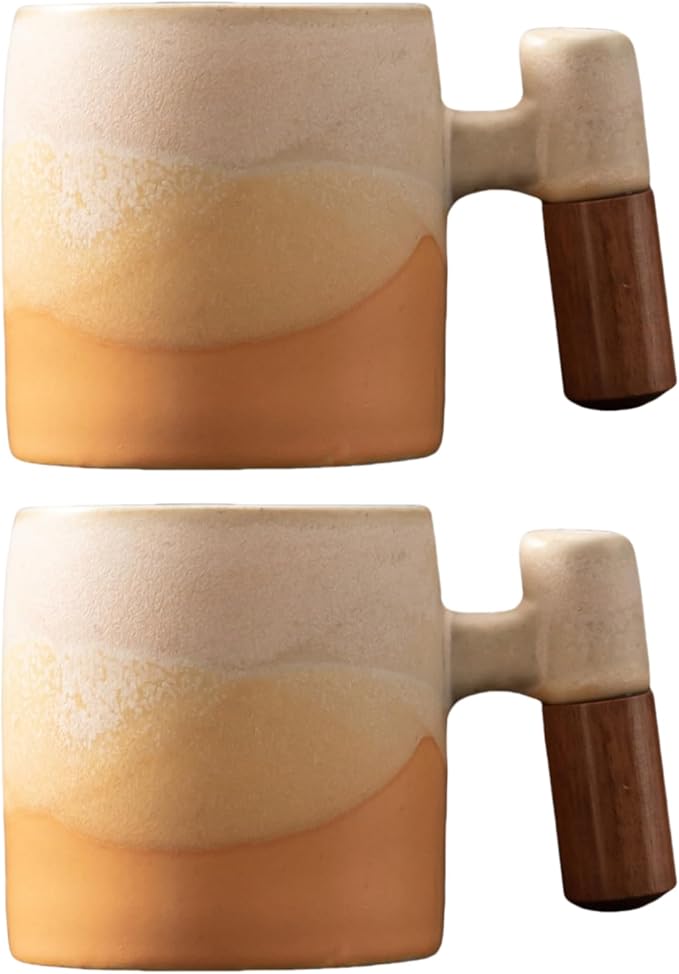 2-Oz Ceramic Espresso Cups with Wood Handle, 2/4-Piece Set for Coffee, Tea, Latte - Dishwasher Safe, Multi-Color & Wood Styles, Gift & Café Use (Kiln turning yellow, Wooden Handle2)