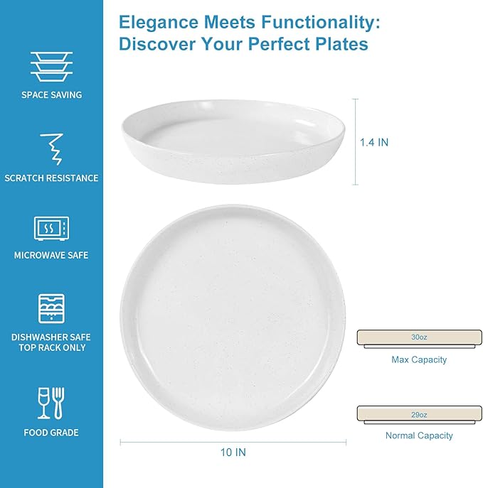 Ceramic Dinner Plates Set - 10 Inch Stoneware Plates, 4pcs Porcelain Plate, Dinnerware Dish set for Kitchen, Microwave Safe, Dishwasher Safe, Scratch Resistant,White