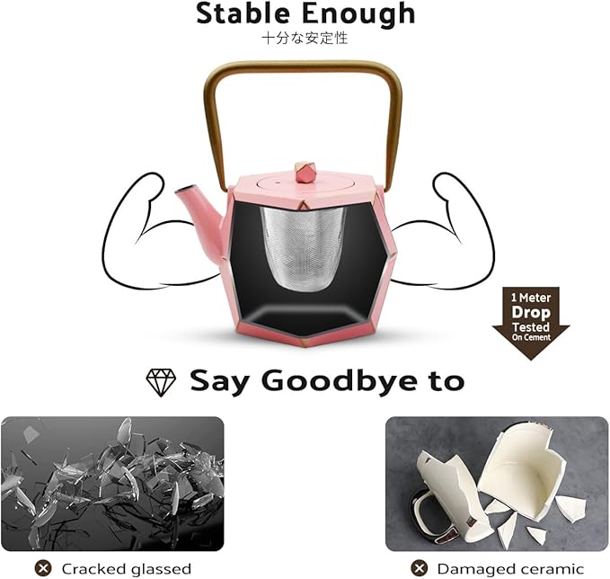 Toptier Cast Iron Teapot, Stovetop Safe Japanese Cast Iron Tea Kettle, Diamond Design Tea Pot with Removable Infuser for Loose Tea, 30 Ounce (900 ml), Pink