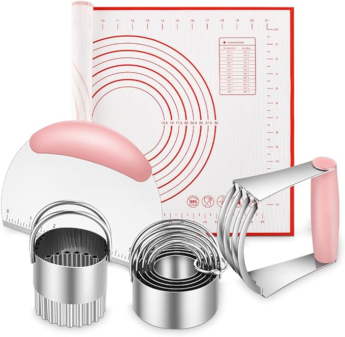 Stainless Steel Biscuit & Dough Cutter Set - 5 Pcs/Pink, Silicone Baking Mats, Pastry Blender
