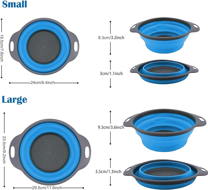 Collapsible Colander, Set of 2 PCS Collapsible Strainer, Space-Saving Kitchen, Food-Grade Silicone Folding Strainer Colander with Handle (Blue)