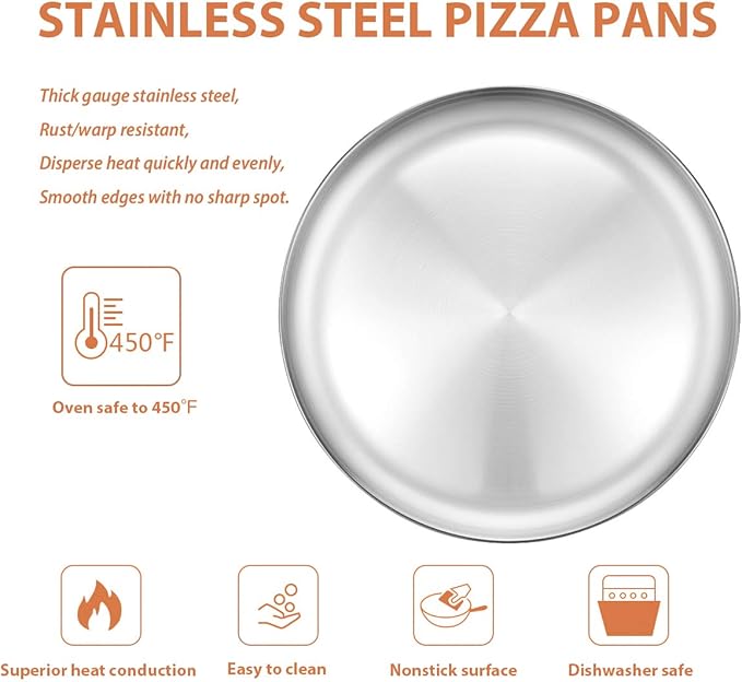Deedro Stainless Steel Pizza Pan, 13 inch Round Pizza Baking Sheet, Healthy Pizza Baking & Serving Tray, Crisper Pan with Dishwasher Safe 2 Pack