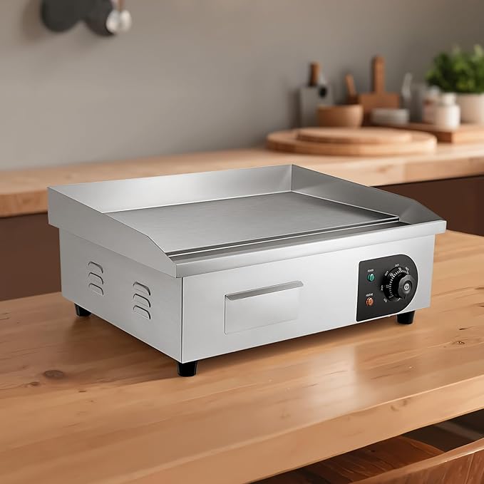 VEVOR Commercial Electric Griddle, 21 x 11.8 inch, 1750W, 122-570°F Adjustable Temp Control, Stainless Steel Countertop Flat Top Grill with 2 Spatulas, 2 Brushes and 4 Foot Pads, for Steak, Pancake
