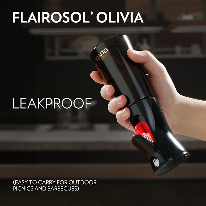 FLAIROSOL OLIVIA Oil Sprayer for Cooking, 200ml Glass Olive Oil Sprayer, Continuous Cooking Spray Dispenser with Portion Control for Kitchen, Air Fryer, Salad, BBQ (Black Bottle, Gold Print)