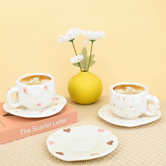 Koythin Ceramic Coffee Mug with Saucer Set, Cute Red Heart Dots Cup Unique for Office and Home, 10 oz/300 ml for Latte Tea Milk