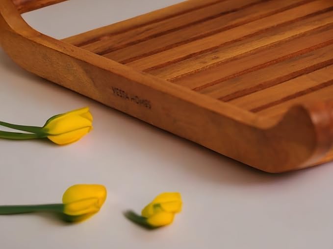 Set of 2 Romper Teak Wood Rectangular Serving Tray for Home/Kitchen/Restaurant/Office Organizer/Dining Table|Premium Wooden Trays| 18 X 12 ; 15 x 10 inches | Handcrafted in India