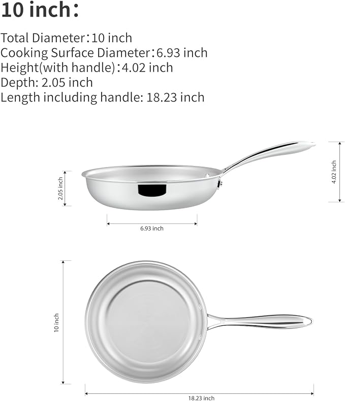 10 Inch Stainless Steel Frying Pan, 5-Ply Stainless Steel Pan, Dishwasher and Oven Safe, Induction Pan, Even Heat Distribution