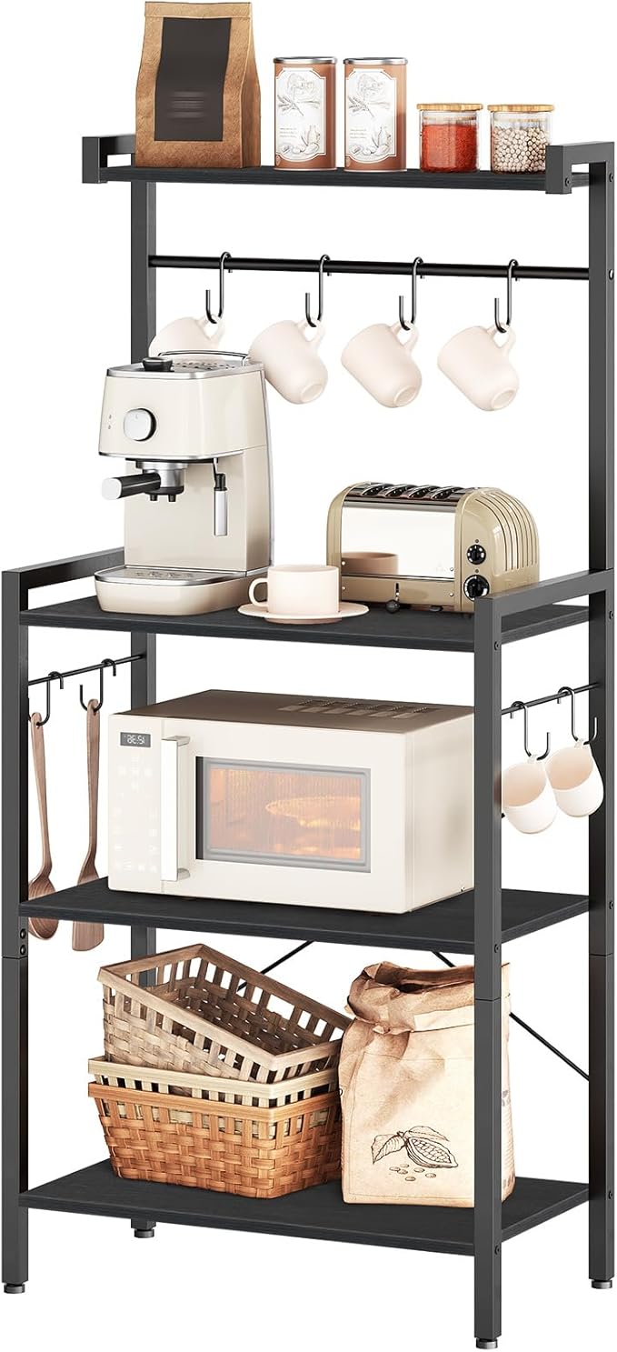 HOOBRO Kitchen Bakers Rack with Storage, 4 Tiers Coffee Bar Station, Microwave Stand with 8 S-Shaped Hooks, Kitchen Storage Shelf Rack for Small Spaces, Black BB04HB01