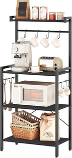 HOOBRO Kitchen Bakers Rack with Storage, 4 Tiers Coffee Bar Station, Microwave Stand with 8 S-Shaped Hooks, Kitchen Storage Shelf Rack for Small Spaces, Black BB04HB01