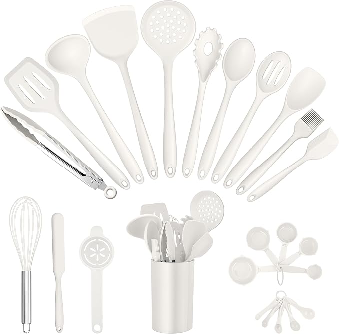 E-far Silicone Cooking Utensils Set, 25 Piece Kitchen Utensils with Holder, Non Toxic Kitchen Tools Spatula, Turner, Spoon, Ladle for Nonstick Cookware, Heat Resistant & Dishwasher Safe - White