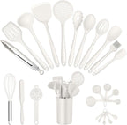 E-far Silicone Cooking Utensils Set, 25 Piece Kitchen Utensils with Holder, Non Toxic Kitchen Tools Spatula, Turner, Spoon, Ladle for Nonstick Cookware, Heat Resistant & Dishwasher Safe - White