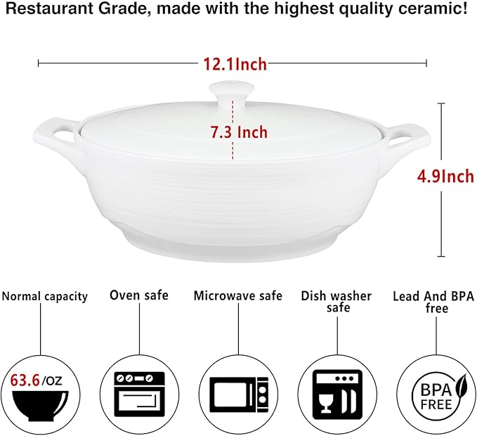 9" x 6.5" Oval Casserole Dish with Lids,1.9 Quart French White Ceramic Serving Soup Tureens, Baking Dish with Handle 12.1 IN, for Casseroles, Lasagna Cookware Set, Microwave, Oven Safe
