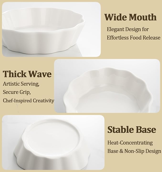 12 Oz Ramekins Oven Safe, Small Baking Dish, Individual Mini Pie Pans for Quiche, Casseroles, Dessert, Tart, Creme Brulee, lasagna, Ceramic Small Quiche Dishes, Set of 6