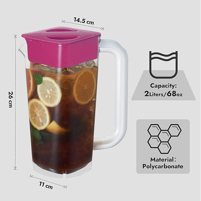 CURTA 1 Pack 2 Liters/68 oz Plastic Square Pitcher with Lid & Handle for Kitchen,ICED JUICE and Coffee Carafe Beverage Serveware, Acrylic Water Jug for Hot/Cold Drinks&lemonade