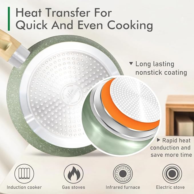 DishDelight Induction Pots and Pans Set Non Stick, 12 Piece Nonstick Induction Granite Kitchen Cookware Sets, Induction Cookware Frying Pans and Saucepan Set, Nonstick Granite Cooking Set, Green