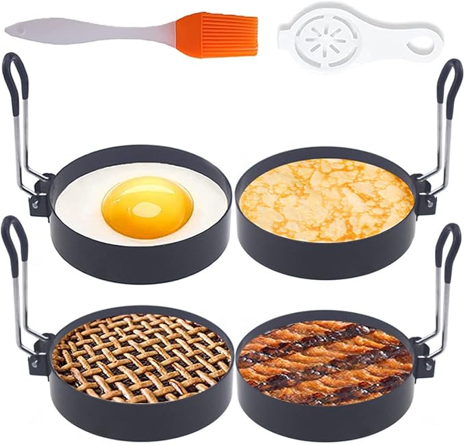 Egg Ring,4 Packs Upgrade Large 4" Egg Rings for Griddle Frying Egg,Non-stick Stainless Steel 4 Inch Griddle Egg Ring Round Egg Cooker Pancake Ring Cooking Ring for Muffin with Oil Brush Egg Separator