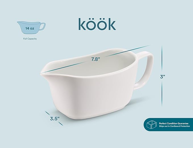 Kook Gravy Boat, Ceramic Serving Dish, Dispenser for Sauces, Dressings and Creamer, Large Handle, Microwave and Dishwasher Safe, 14 oz, White