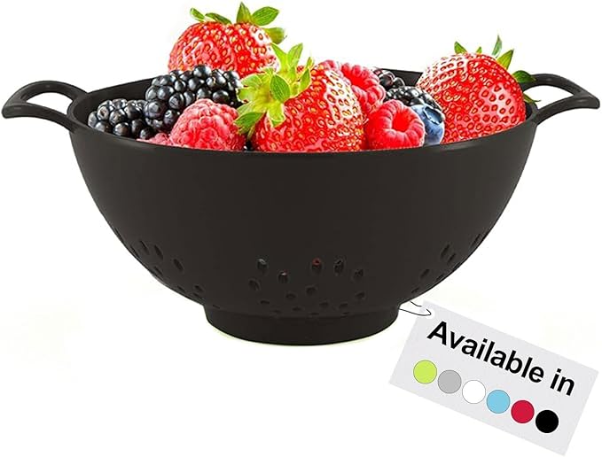 Meadow Lane 6-inch Small Colander, BPA-Free, Dishwasher Safe, Double Handles, Compact Food Strainer for Berries, Veggies and Pasta, 3-Cup Capacity, Glossy Black