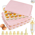 3 Pcs 72 Count Deviled Egg Containers with Lid, Portable Storage Carrier Egg Holder with Deviled Egg Injector, Stackable Deviled Egg Tray Plastic Egg Organizer for Fridge Easter Party
