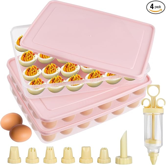 3 Pcs 72 Count Deviled Egg Containers with Lid, Portable Storage Carrier Egg Holder with Deviled Egg Injector, Stackable Deviled Egg Tray Plastic Egg Organizer for Fridge Easter Party