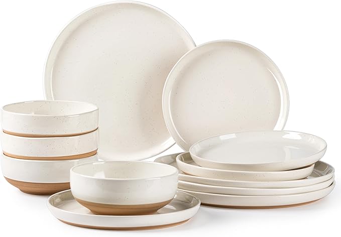 AmorArc Ceramic Dinnerware Sets, Handpainted Plates and Bowls Set with Rustic Terracotta Underside, Scratch Resistant Stoneware Dishes Set, Dishwasher & Microwave Safe