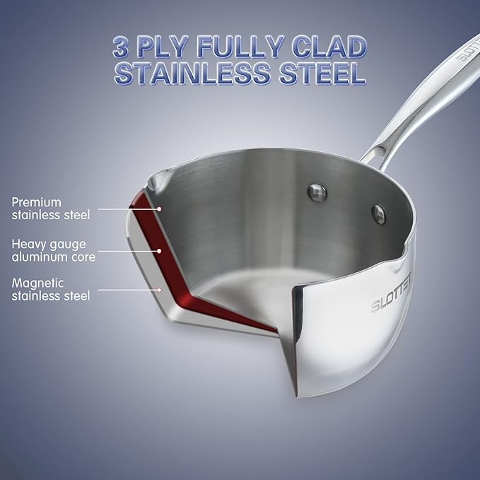 Tri-Ply Whole-Clad Stainless Steel Sauce Pan with Pour Spout,2.5 Quart Small Multipurpose Pasta Pot with Strainer Glass Lid, Saucepan for Cooking with Stay-cool Handle.