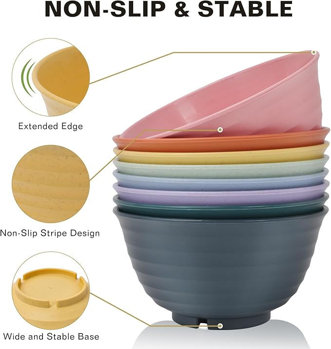 Wheat Straw Bowls, 34 Oz Large Microwave Dishwasher Safe Plastic Cereal Soup Bowls Sets of 8 Reusable, Unbreakable Deep BPA-Free for Ramen Salad Noodle, Multicolor