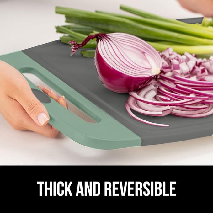 GORILLA GRIP BPA-Free Reversible Kitchen Cutting Board Set of 3, US Designed, Nonporous, Juice Grooves Catch Liquid, Slip Resistant Border, Dishwasher Safe, Durable Food Chopping Boards, Mint Gray