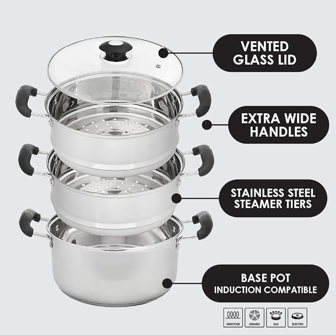 CONCORD 10" Stainless Steel 3 Tier Steamer Steaming Pot Cookware 24 CM (Induction Compatible)