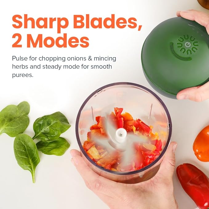 Choppi Cordless Electric Vegetable Chopper & Mini Food Processor for Dicing, Shredding, Mincing, and Puree, Portable and Rechargeable, 2-Cup, 500 mL, 4000 mAh Battery, Sage Green